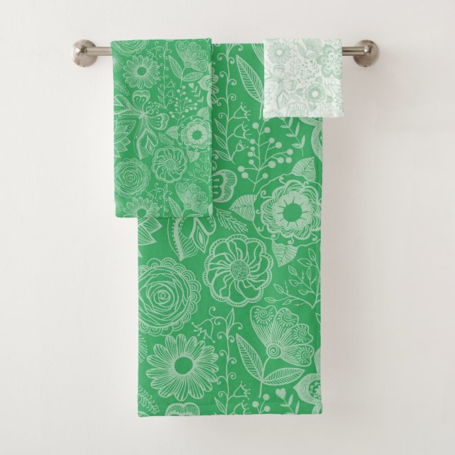 Pail green on green floral pattern bath towel set (Insitu)