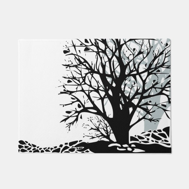 Paillasson Abstrait moderne arbre noir silhouette ombre blanc (Devant)
