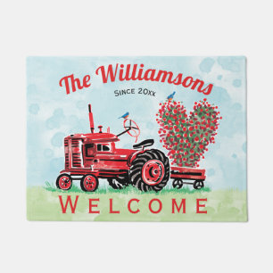 Paillasson Accueil floral de coeur de vieux tracteur rouge