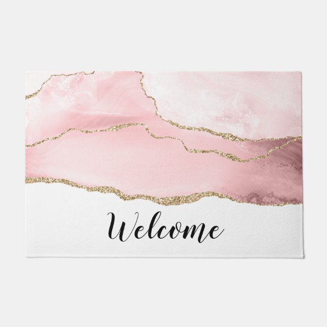 Paillasson Agate rose vierge avec ruban or Elégant bienvenue (Devant)