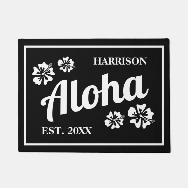 Paillasson Aloha noir et blanc Hawaii porte de fleur mat (Devant)