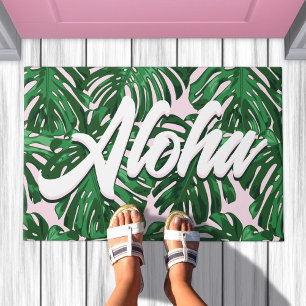 Paillasson Aloha Pink Green Feuilles Tropical Script Jungle