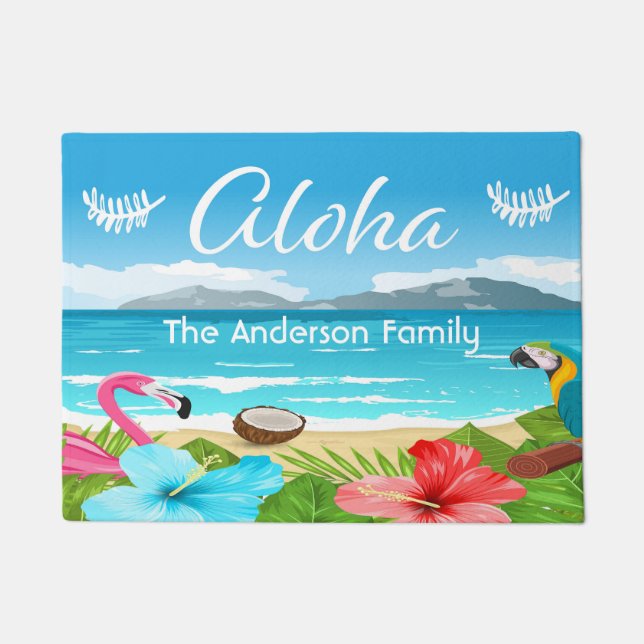 Paillasson Aloha plage tropicale flamands floraux nom de fami (Devant)