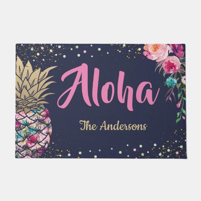 Paillasson Aloha Tropical Pineappal Rose Floral Nom de famill (Devant)