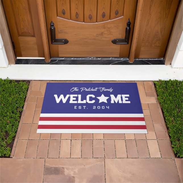 Paillasson American Flag Inspiré Welcome Nom de famille (De plein air)