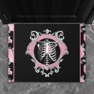 Paillasson Amour gothique Squelette rose et noir Coeur flor