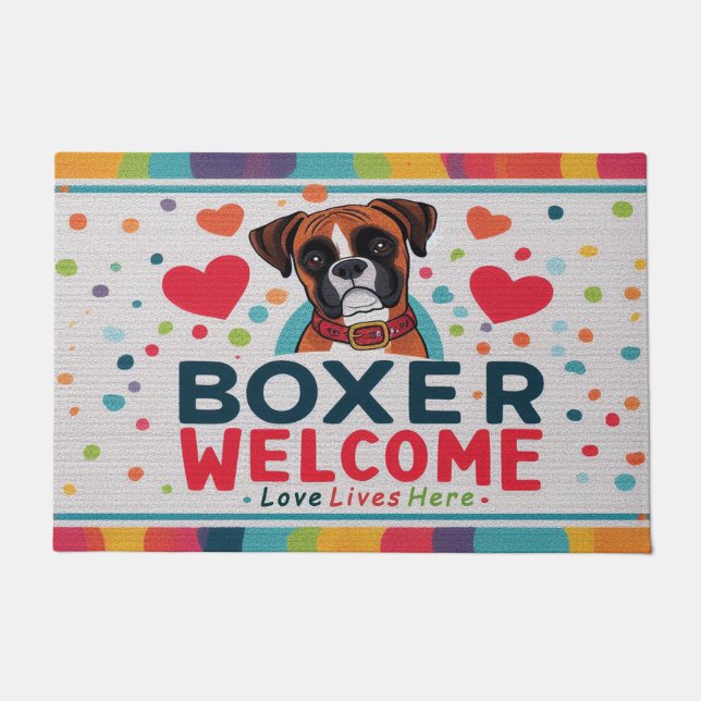 Paillasson Amour Vit Ici - Boxer Chien Bienvenue (Devant)