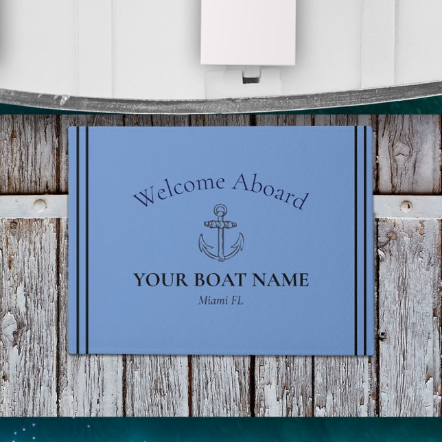Paillasson Ancre et nom du bateau Cornflower Bleu Nautique (Personalized Boat Welcome Matt in Ocean Blue with Your Boat Name and Home Port)