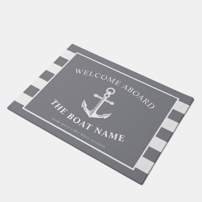 Paillasson Ancre nautique et nom du capitaine Slate Grey Stri (Incliné)