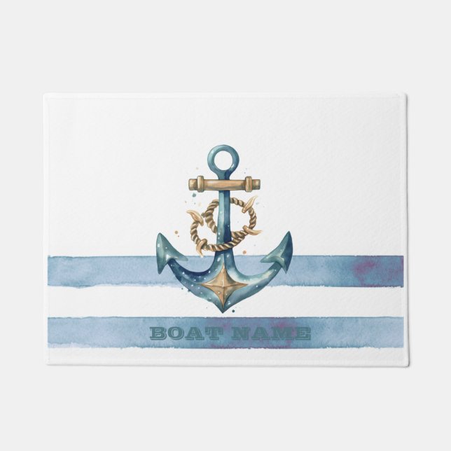 Paillasson Aquarelle Ancre marine Bleu clair rayures (Devant)