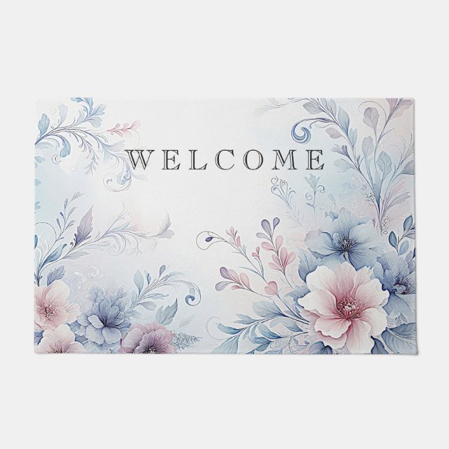 Paillasson Aquarelle bleu rose floral mat (Devant)