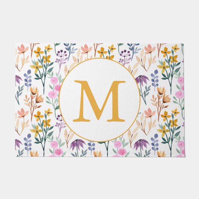 Paillasson Aquarelle colorée Fleur de printemps Motif Monogra (Devant)