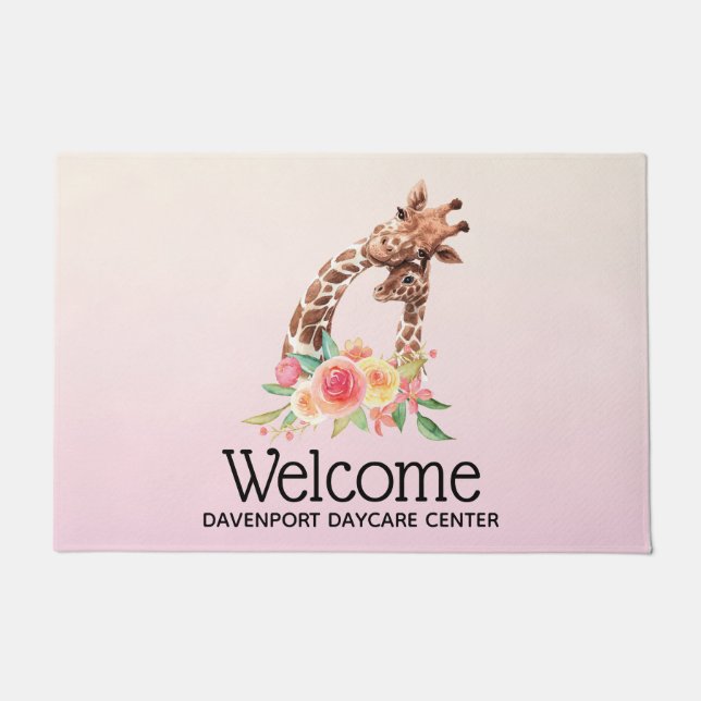 Paillasson Aquarelle Cute Giraffe Maman & Baby Welcome (Devant)