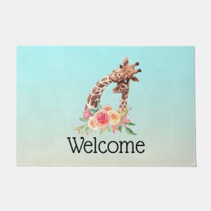 Paillasson Aquarelle Cute Giraffe Maman & Baby Welcome