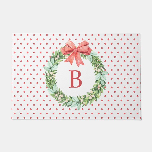 Paillasson Aquarelle de Noël Polka Point Wreath Monogramme (Devant)