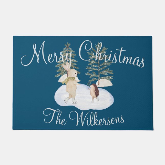 Paillasson Aquarelle Forêt de patinage sur glace Animaux sur  (Devant)