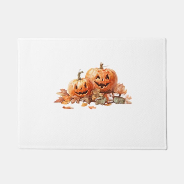 Paillasson Aquarelle Halloween Citrouilles avec feuilles d'au (Devant)
