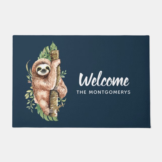 Paillasson Aquarelle mignonne Sloth & Feuilles tropicaux Bien (Devant)
