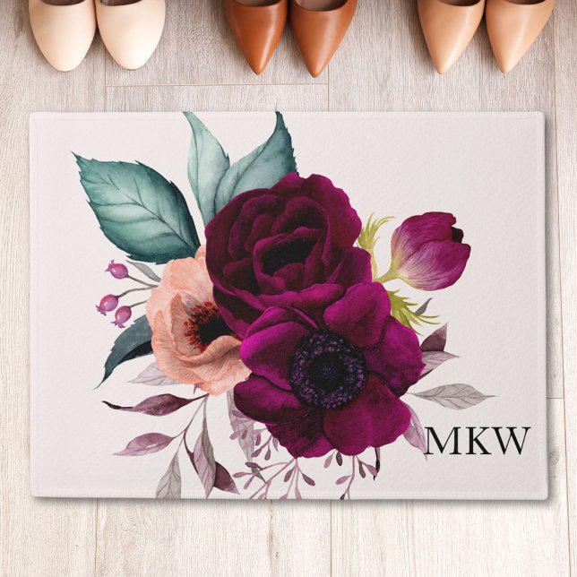 Paillasson Aquarelle monogramme Boho violet fleurs florales (In situ)