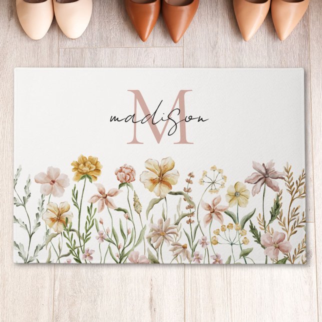 Paillasson Aquarelle monogramme Fleur sauvage Floral de prair (In situ)