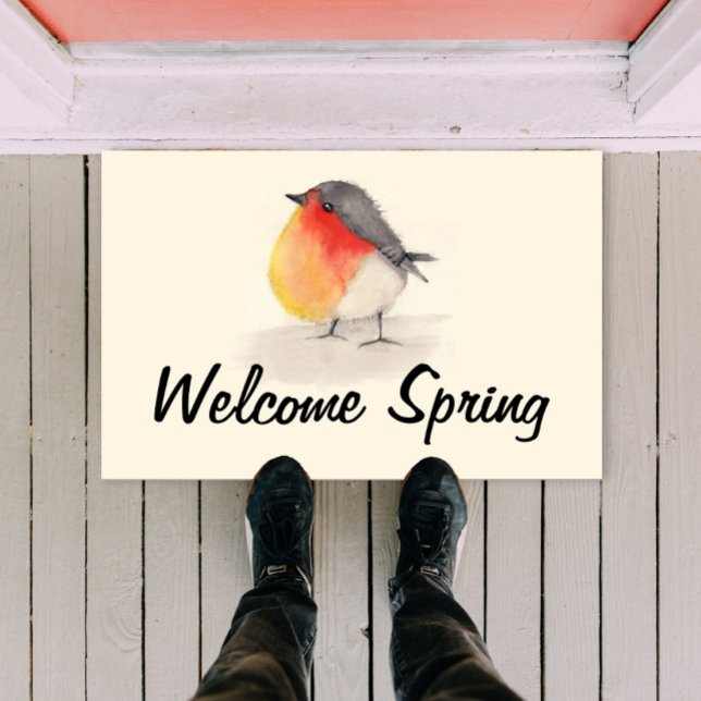 Paillasson Aquarelle Robin Bienvenue Porte de printemps Mat (Créateur téléchargé)