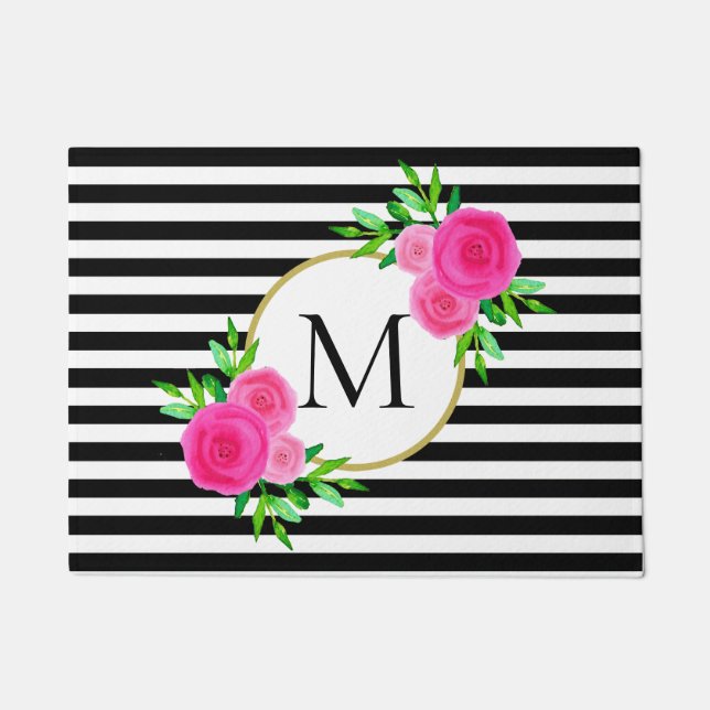 Paillasson Aquarelle rose Floral Monogramme noir blanc rayure (Devant)