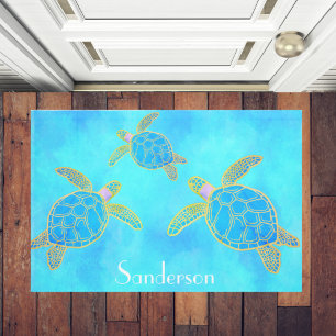 Paillasson Aquarelle tropicale Tortue côtière Aqua Blue