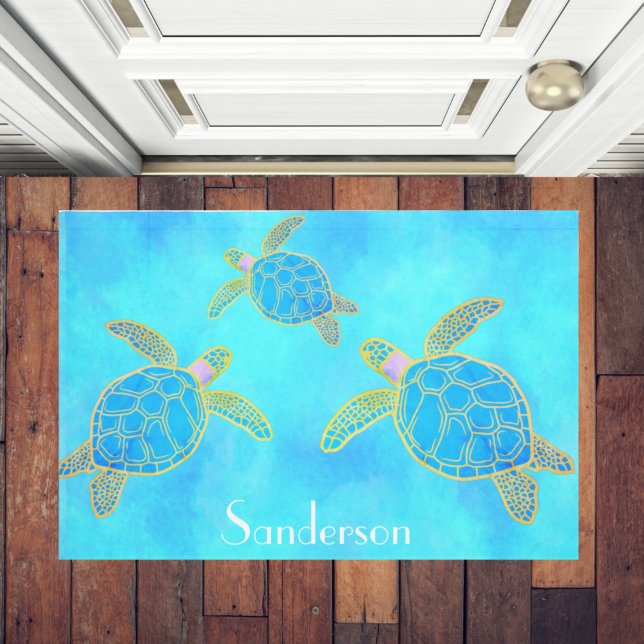 Paillasson Aquarelle tropicale Tortue côtière Aqua Blue (Créateur téléchargé)