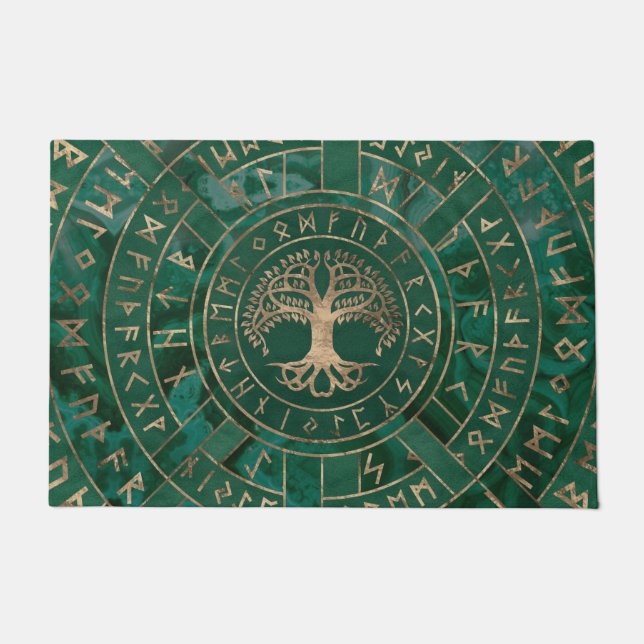 Paillasson Arbre de vie - Yggdrasil et Futhark - Malachite (Devant)