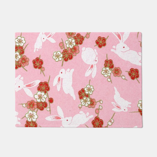 Paillasson Art japonais : Pink Sakura & Rabbits Doormat (Devant)