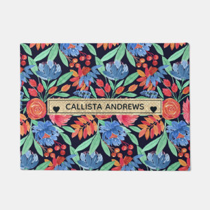 Paillasson Artsy moderne Coral bleu Floral Aquarelle Monogram