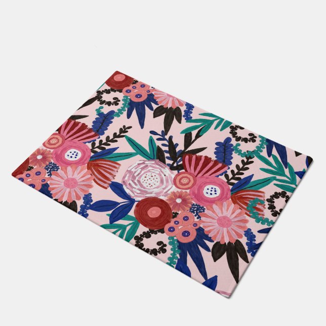 Paillasson Artsy rose rouge bleu acrylique Fleurs peintes Feu (Incliné)