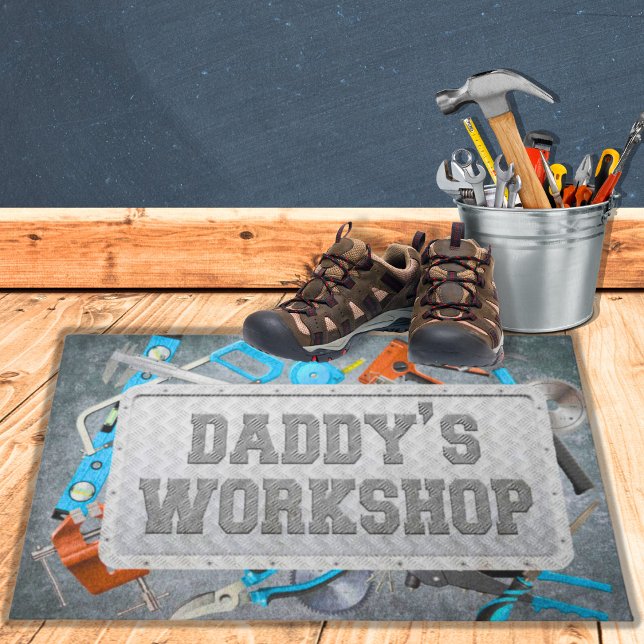 Paillasson Atelier de papa Mancave Outils industriels pour pa (Dad's Workshop Floor Mat / Doormat Metal Sheet with Carpentry Tools Father's Day Gift Idea for Dad)