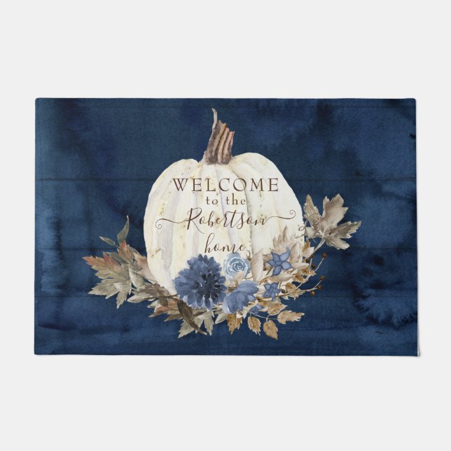 Paillasson Automne Citrouille Marine Bienvenue Mat Nom de fam (Devant)