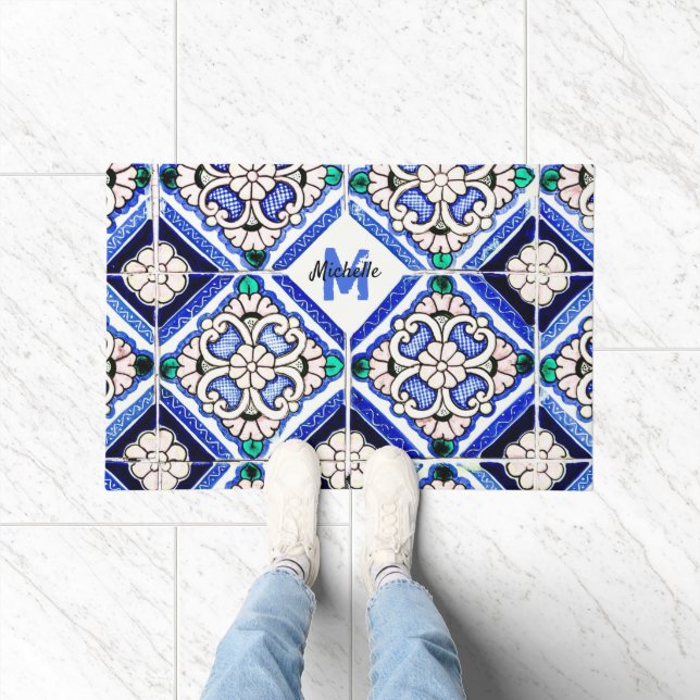 Paillasson Azulejo Motif espagnol Carreaux marine Monogramme  (Intérieur)