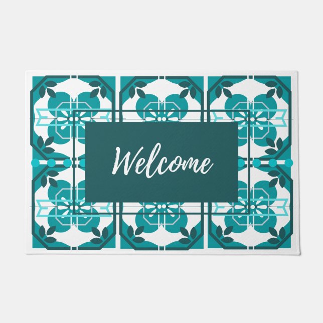 Paillasson Azulejos Carrelage Turquoise Bienvenue (Devant)