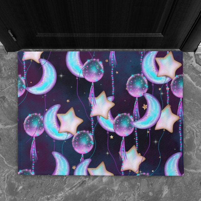 Paillasson Ballons cosmiques | Blue Purple Moon Stars Planète (Créateur téléchargé)
