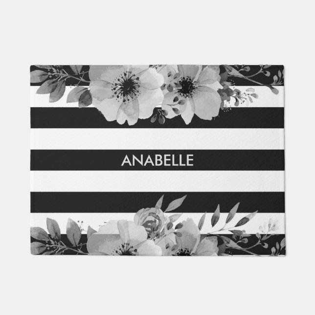 Paillasson Bandes florales noires et blanches (Devant)