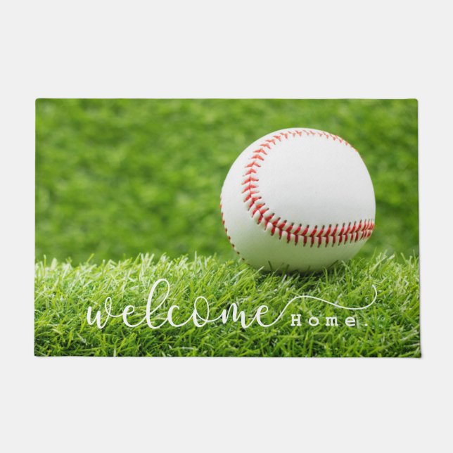 Paillasson Baseball Bienvenue à la maison sur l'herbe verte  (Devant)