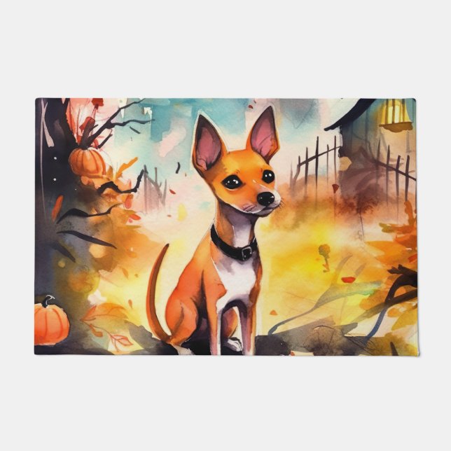 Paillasson Basenji D'Halloween Avec Peur Citrouille (Devant)