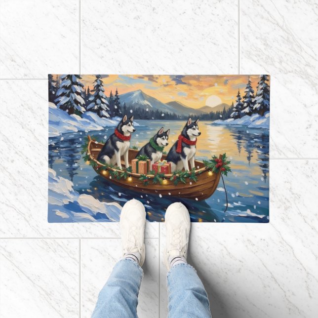 Paillasson Bateau de Noël de vacances Husky sibérien (Intérieur)