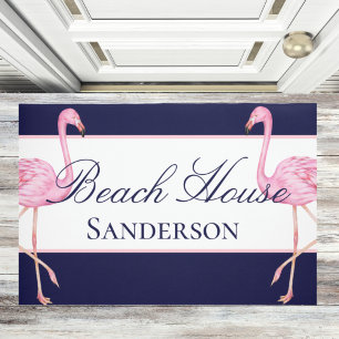 Paillasson Beach House Marine Flamants roses bleu et rose