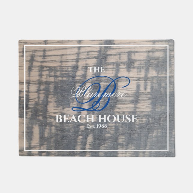 Paillasson Beach House Rustic Wood Effet Nom blanc Bleu (Devant)
