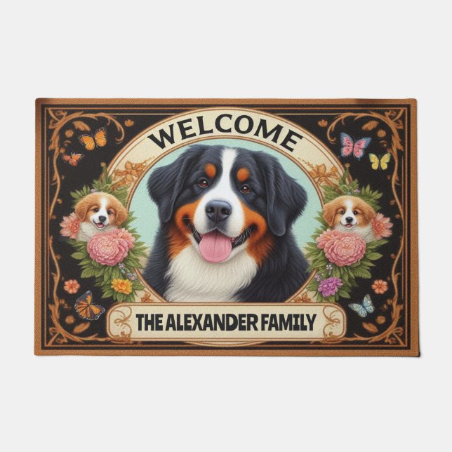 Paillasson Bernese Mountain Dog Floral Nom de famille Bienven (Devant)