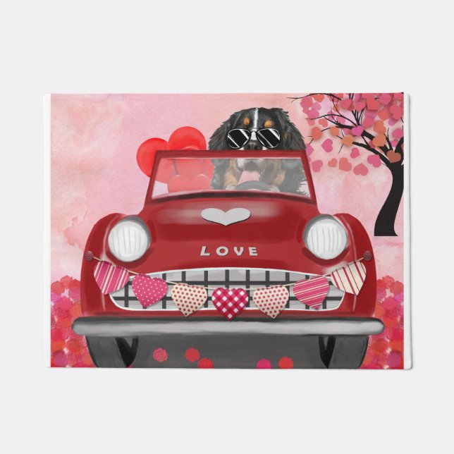 Paillasson Bernois Mountain Driving Car avec Coeurs Valentine (Devant)