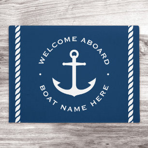 Paillasson Bienvenue à bord du bateau personnalisé ancre bleu