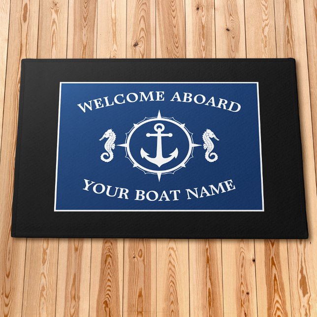 Paillasson Bienvenue à bord Nom du bateau Ancre Seahorse Navy (Several sizes to choose from.)