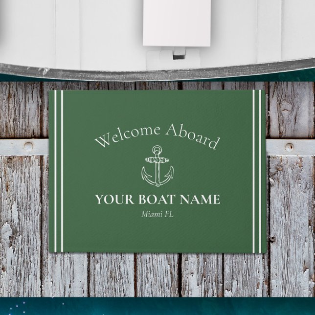 Paillasson Bienvenue à bord Nom du bateau Hunter Green ⚓ naut (Nautical Welcome Aboard Door Mat in Hunter Green Personalized with Your Boat Name and Home Port)