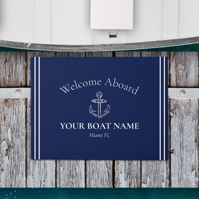 Paillasson Bienvenue à bord Nom du bateau Marine Bleu Blanc N (Traditional Navy Blue Nautical Welcome Mat Personalized with Your Boat Name and Home Port)