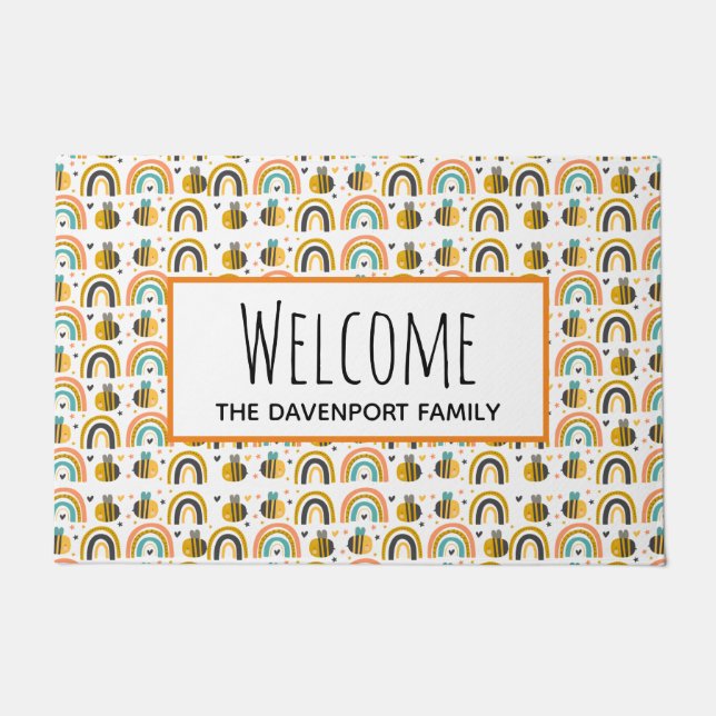 Paillasson Bienvenue au Motif de mignonne Bumble Bee et Rainb (Devant)